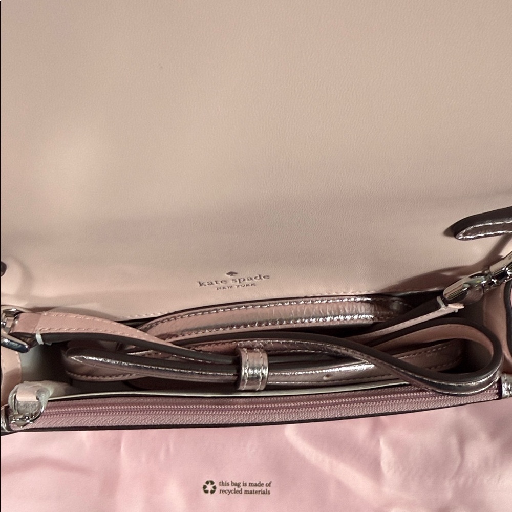 NWT Kate Spade Pink Metallic Crinkle Mini Flap Crossbody Silver Chain Clutch - Picture 4 of 15